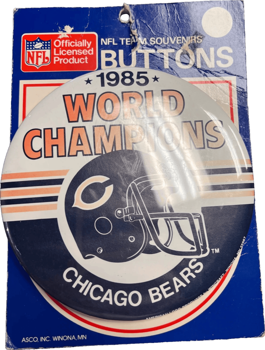 Chicago Bears 1985 World Champions Button on Card