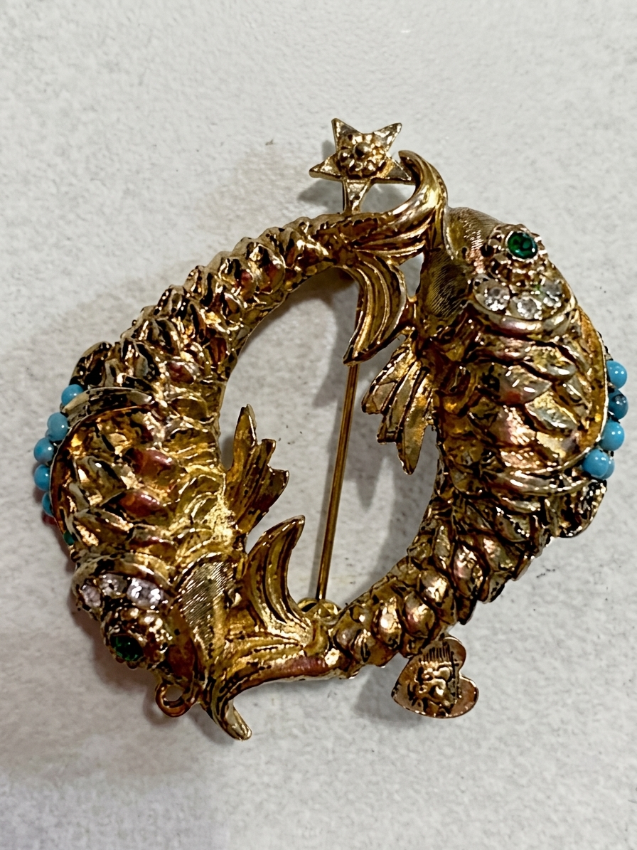 Gold Figural Double-Fish Brooch