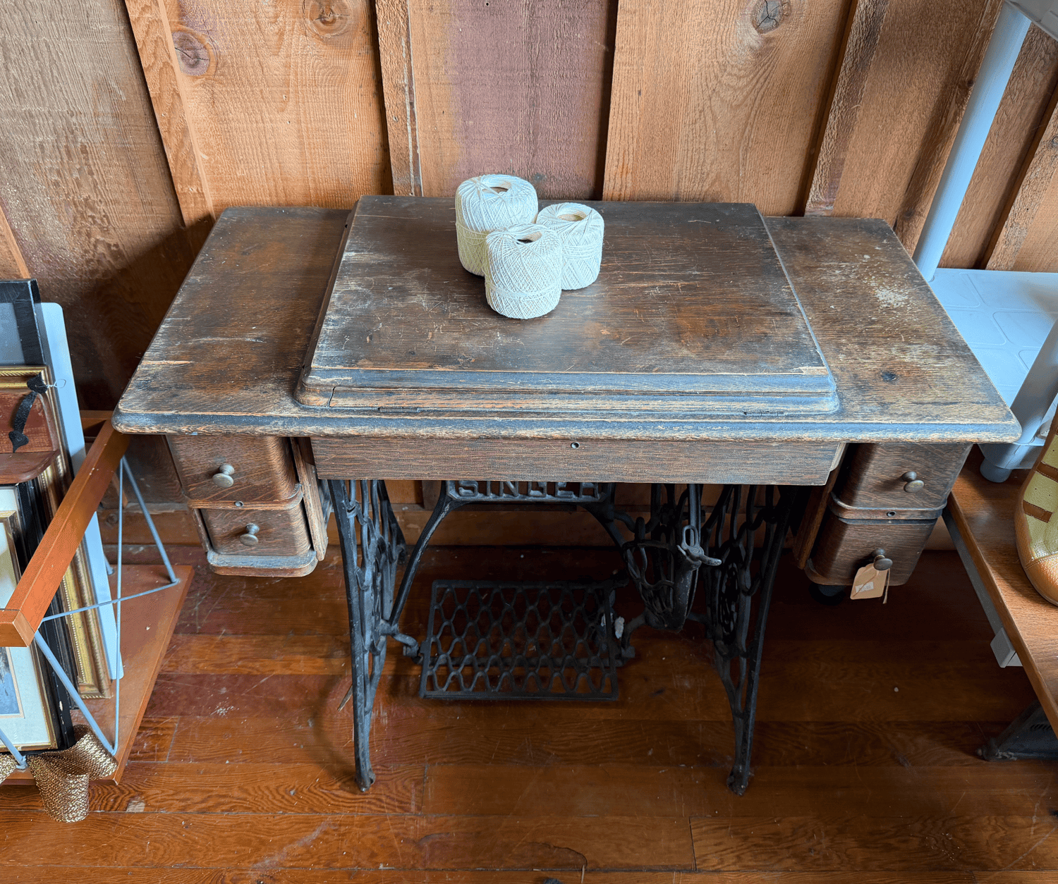 Antique Singer Treadle Sewing Cabinet — Oak Case & Cast-Iron Base (Head Absent)