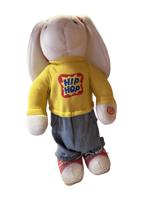 Avon "Hip Hop Harry" Animated Easter Bunny — Singing & Jumping Plush in Denim Overalls (2002, tested & working)
