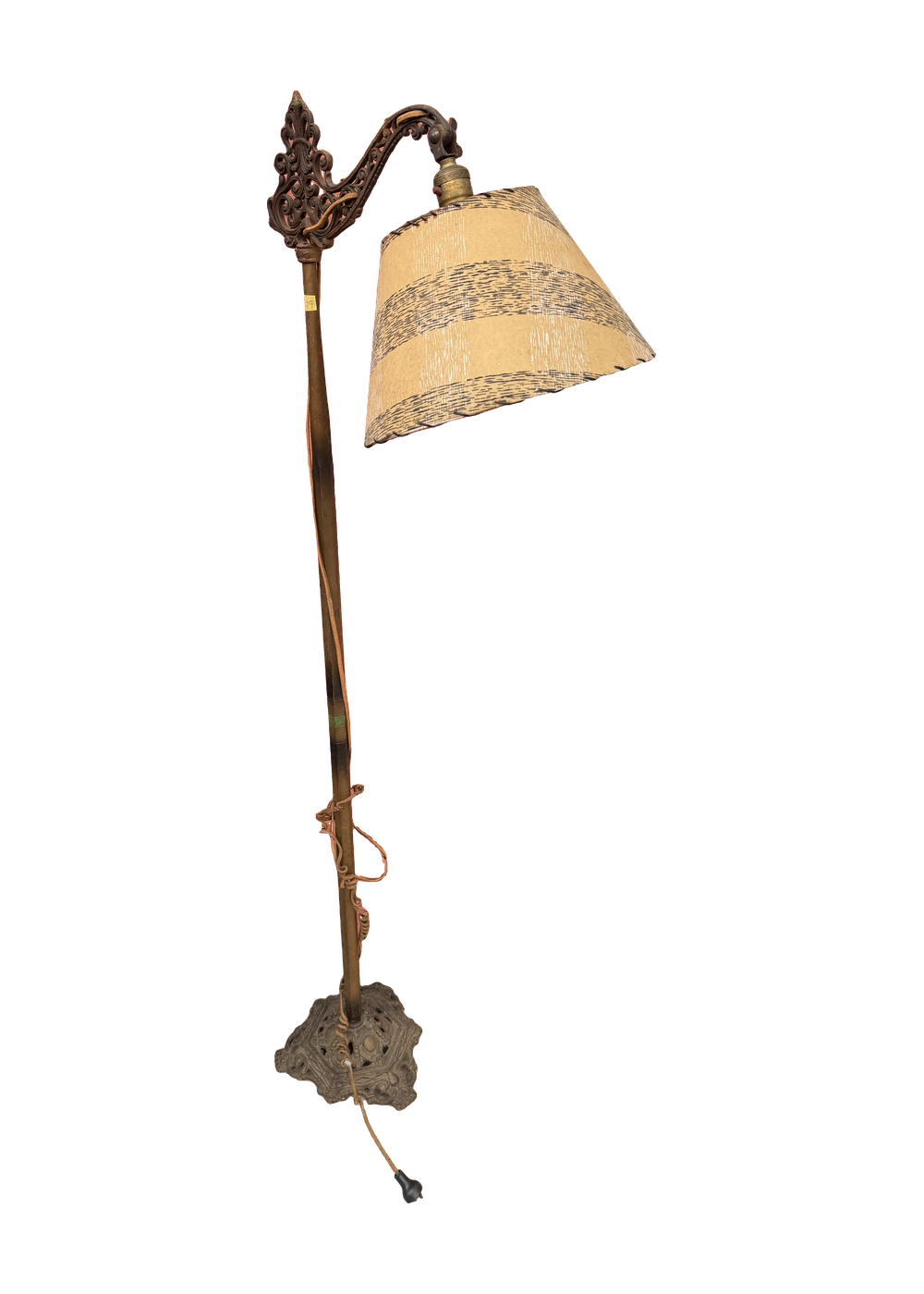 Antique 1920s Cast Iron Bridge Floor Lamp — Fleur-de-Lis Filigree Arm, Polychrome Pole