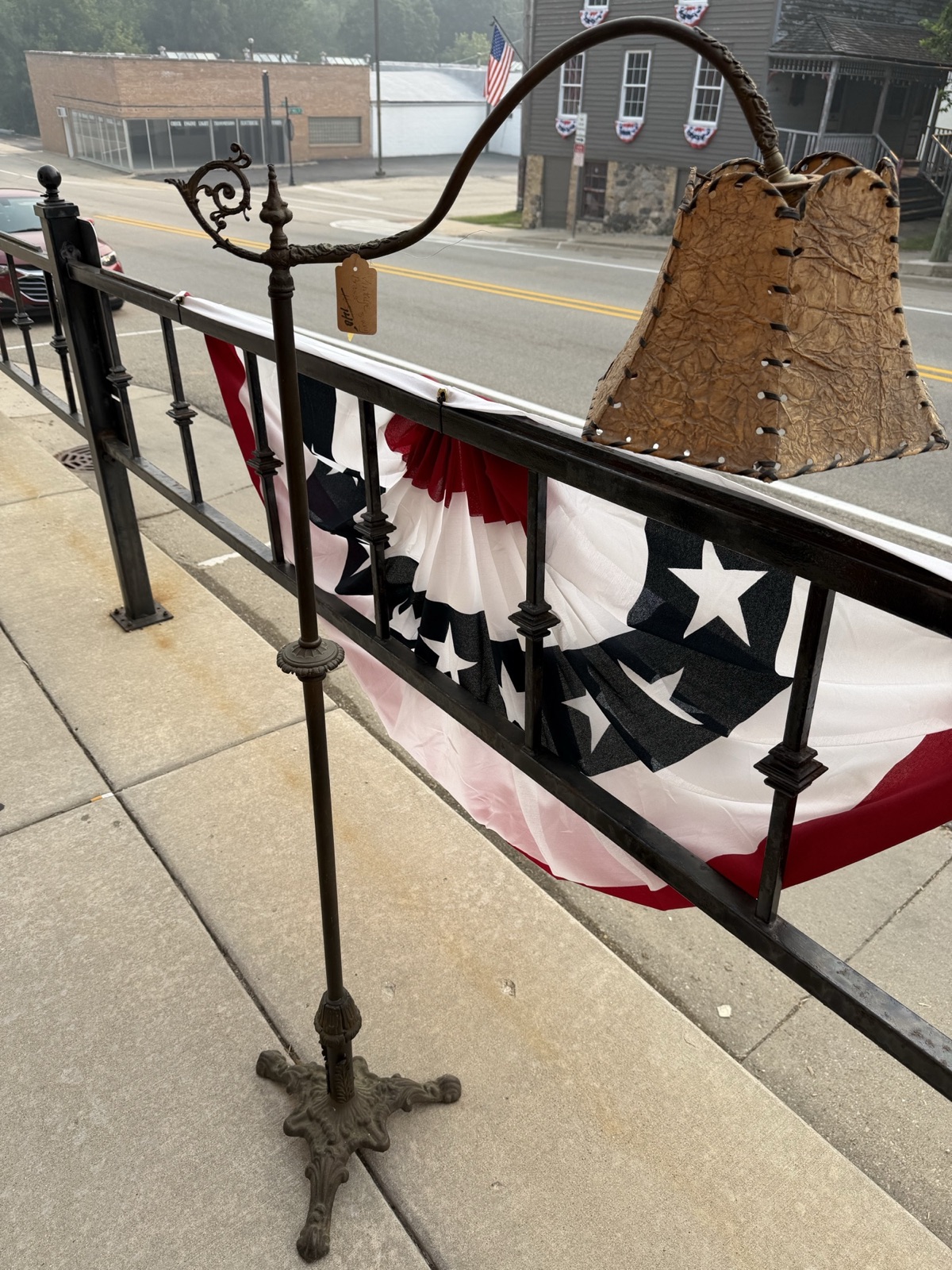 Antique Victorian Brass Bridge Floor Lamp — Cast Iron Clawfoot Base, Whipstitched Parchment Shade