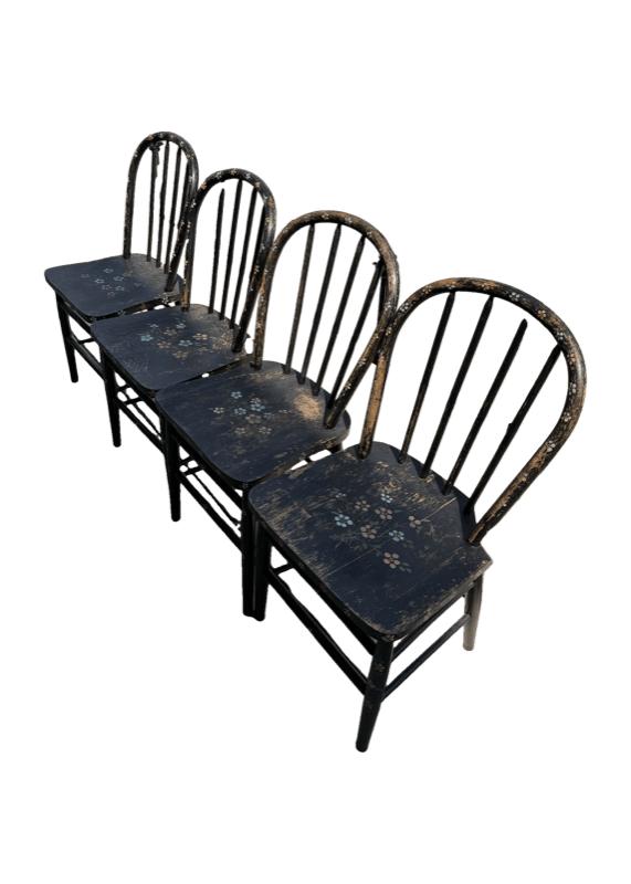 Set of 4 Antique Windsor Kitchen Chairs — Old Black Paint, Hand-Painted Florals, c. 1900-1920